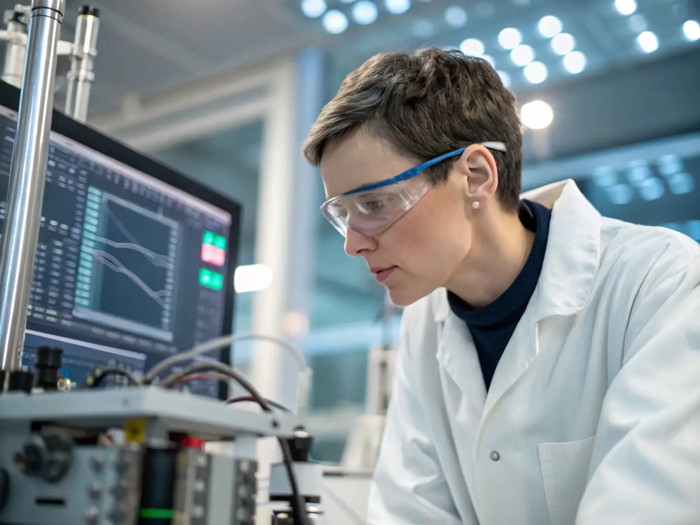 A scientist is working in a pharmaceutical lab, conducting research and development on new drugs and therapies. The lab is equipped with advanced scientific instruments and equipment.