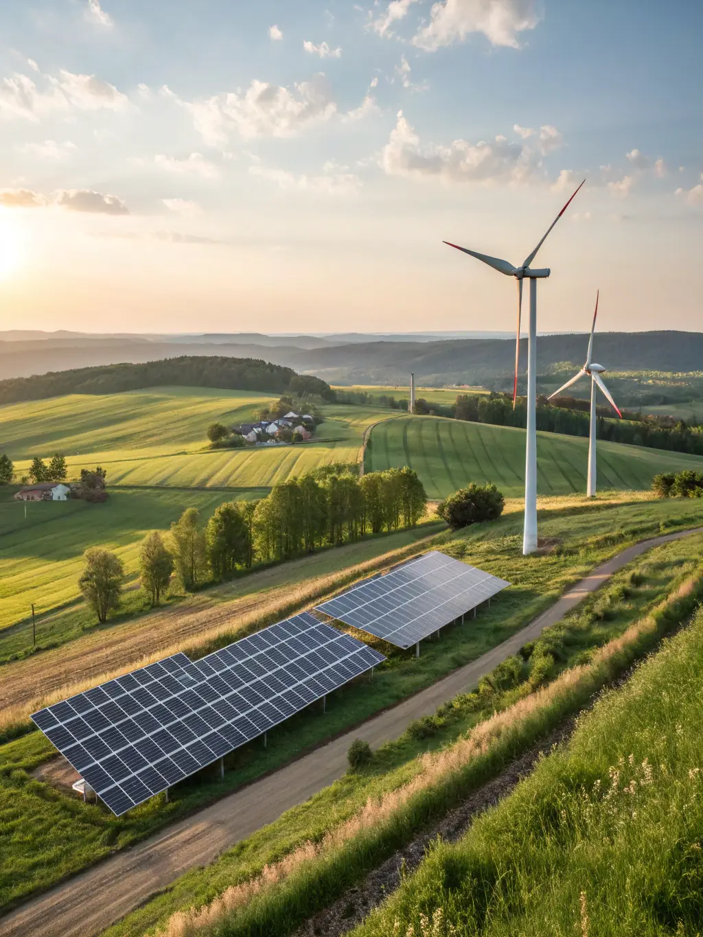 An image depicting renewable energy sources like solar panels and wind turbines against a backdrop of a healthy planet, representing the 'Green Transition' theme.