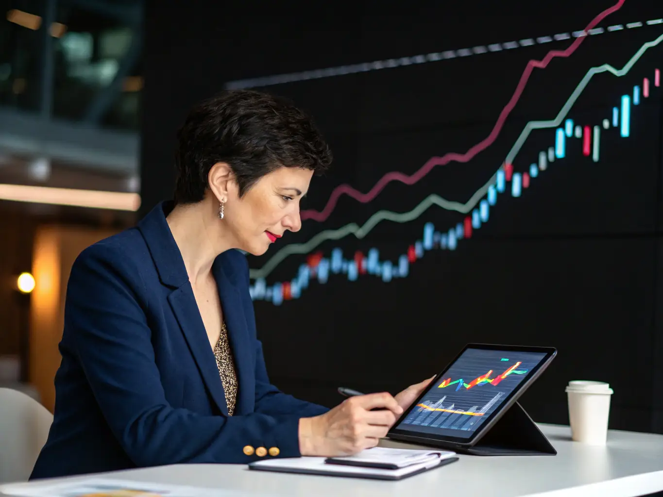 A professional financial analyst is reviewing a detailed sector analysis report on a computer screen, with charts and graphs illustrating market trends in the banking sector. The scene is set in a modern office environment.