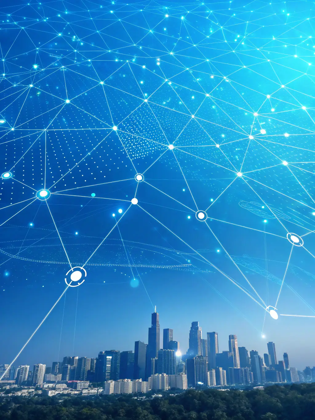 An abstract image representing artificial intelligence, with interconnected nodes and glowing lines, symbolizing the rapid development and impact of the 'AI Cycle'.