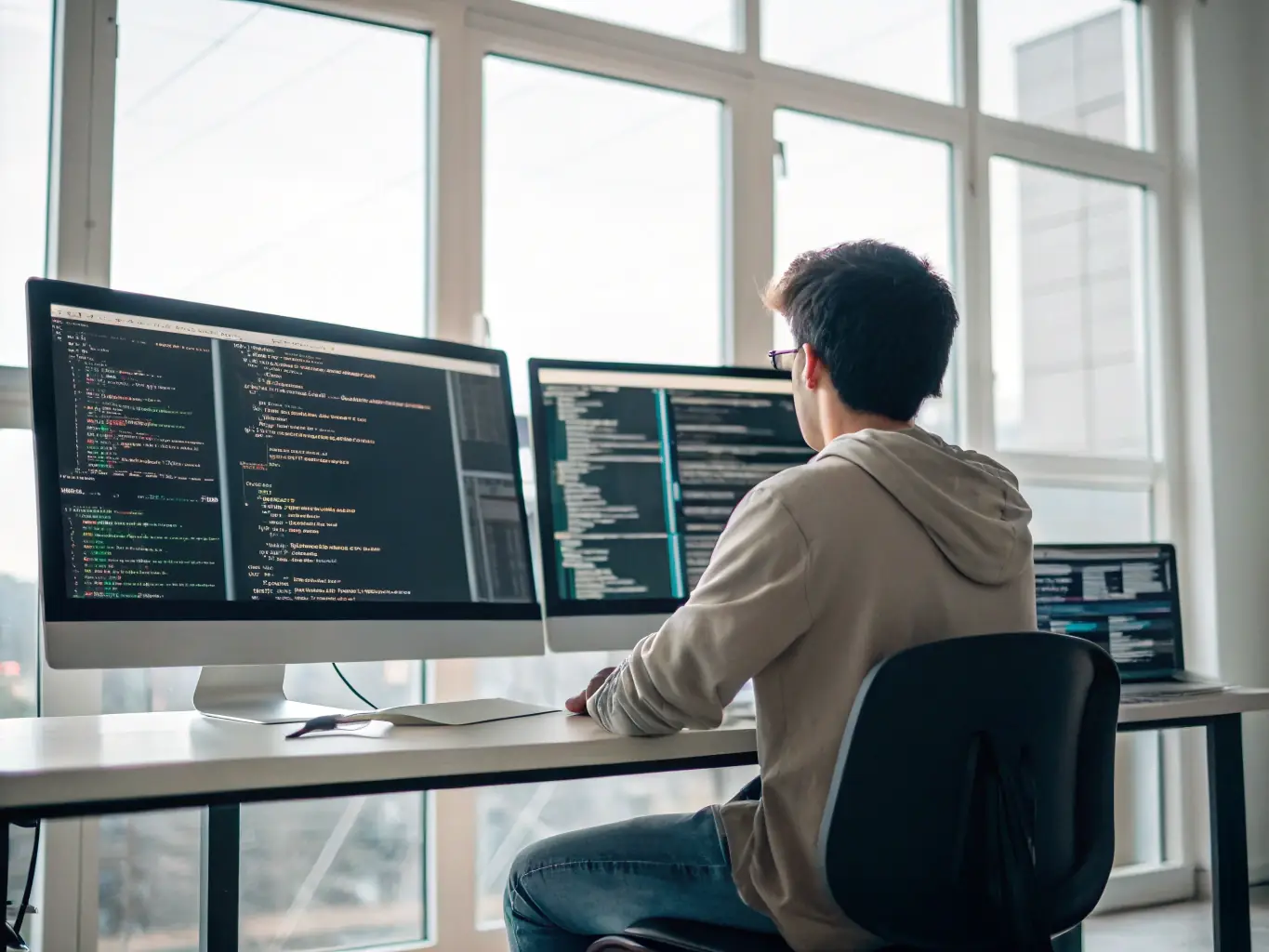 A software engineer is analyzing code related to AI and machine learning algorithms, with multiple monitors displaying complex data visualizations. The setting is a high-tech office space.